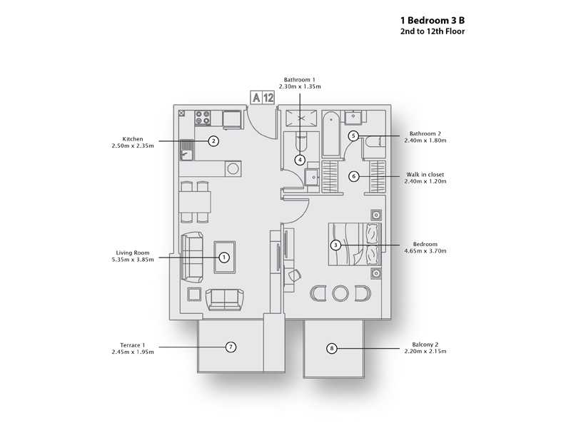 1 Bedroom Apartment 3 B, 2nd to 12th Floor